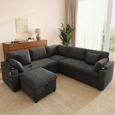 Produktbild von STILVORA Ecksofa mit Schlaffunktion, Schlafsofa mit Stauraum-Hocker und USB/Type-C, Wohnlandschaft mit Getränkehalter, Chenille, Grau