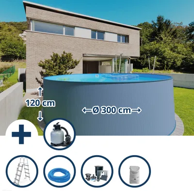 Produktbild von Stahlwandpool Set (7-teilig) hoch rund 300 x 120 cm, Stahl 0,4 mm anthrazit Folie 0,4 mm blau