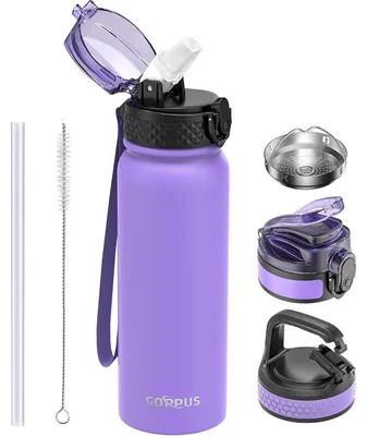 Produktbild von Edelstahl Wasserflasche mit Strohhalm 600ml Lila Auslaufsicher BPA-frei Thermosflasche