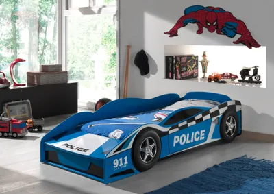 Produktbild von Vipack Set POLICE Kinder-Autobett inkl. Matratze, mit 70 x 140 cm Liegefläche, Ausf. MDF blau glänzend lackiert