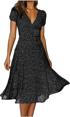 Produktbild von ASKSA Sommerkleider Damen Kurzarm Lässig V-Ausschnitt Blumendruck A-Linie Kleid Midikleid Freizeitkleid Strandkleider, Schwarz, XL