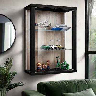 Produktbild von K-Möbel Hängevitrine Glas (80x60x25cm) -  Germany - Glasvitrine hängend mit 2 höhenverstellbaren Glasböden aus ESG in Schwarz / Sonoma Eiche