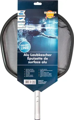 A pool skimmer net with its packaging, showing a person swimming underwater.