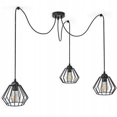 A black, three-light pendant lamp with wire cage shades hangs from a black ceiling mount.