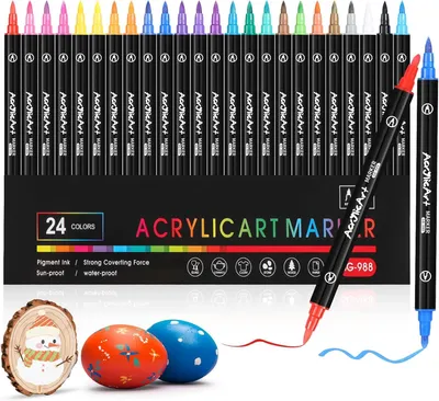 Obrázek produktu pro Sada akrylových fixů, 24 barev, s dvojitou štětcovou špičkou, voděodolné, vhodné pro textil, kámen, dřevo a papír