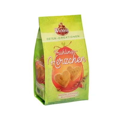 Verpackungsbild Wicklein Frühlingsherzchen Mandelkrokant Blutorange 150g