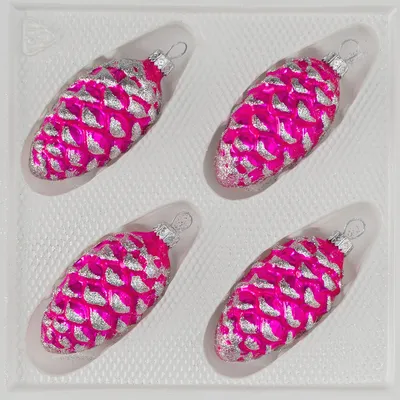 Produktbild von 4 tlg. Glas-Tannenzapfen Set in Hochglanz-Pink-Silberne-Ornamente