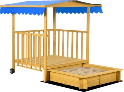 Produktbild von Outsunny Sandkasten mit Dach, Sandkiste aus Holz mit Spielhaus, 133 x 129 x 137,5 cm Sandbox mit Rollen für 3-8 Jahre Kinder, Garten, Natur