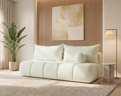 Image de BESILIO Petit canapé-lit 207 cm Glomi - Canapé avec fonction sommeil et espace de rangement pour le linge, Bouclé - Crème - Quelle 02