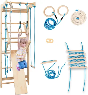 A child is playing on a wooden climbing frame with various accessories.