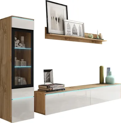 Zdjęcie produktu dla MINIO, meblościanka "VEVE I", wisząca, stojąca, 3-częściowa, z oświetleniem LED, kolor dąb Wotan / biały połysk