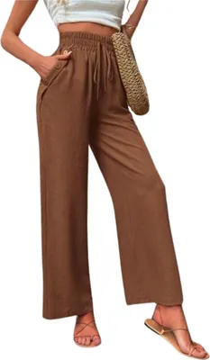 Image de ASKSA Pantalon Femme Taille Haute Jambe Large Unicolore Pantalon de Loisirs Cordon de Serrage Léger Pantalon d'Été Avec Poches (Marron Foncé,L)