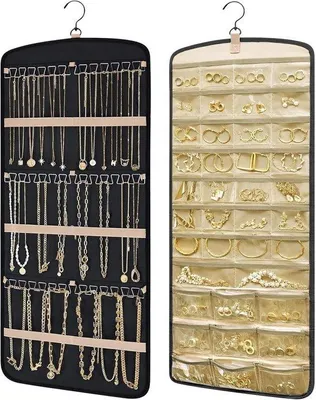 Produktbild von Famanu Sieradenorganizer doppelseitig, hängend mit 39 Fächern und 3 geschwungenen Metallhaken, schwarz