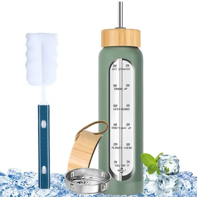 Produktbild von 1000 ml Glasflasche mit Bambusdeckel und Zeitmarkierungen