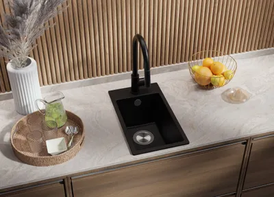 Produktbild von PRIMAGRAN Spülbecken Schwarz Metallic 28x50cm, Granitspüle 1 Becken + Ablauf-Set, Küchenspüle ab 30er Unterschrank - Riga