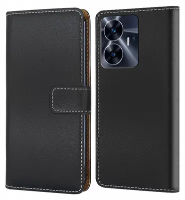 A black flip-style phone case is shown from the front and back.