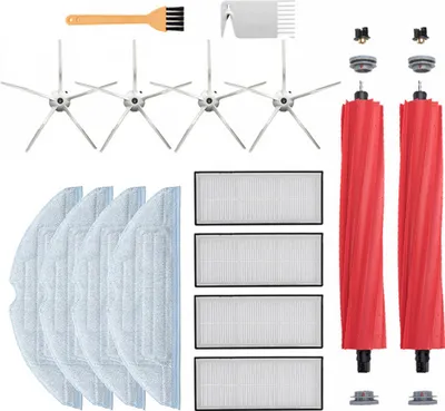 A collection of cleaning accessories for a robot vacuum cleaner, including brushes, filters, and mop pads, laid out on a white background.