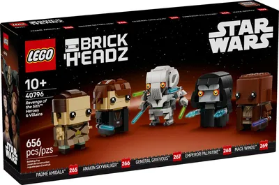 The image shows the front of a LEGO BrickHeadz box for the Star Wars set 'Revenge of the Sith Heroes & Villains'. The box displays four BrickHeadz figures: Padme Amidala, Anakin Skywalker, General Grievous, and Emperor Palpatine. The LEGO and BrickHeadz lo