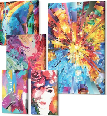 Produktbild von Wandbilder Leinwand 5-teilig – – Polycanvas Kunstdruck – Moderne Bilder für Wohnzimmer & Schlafzimmer – Aufhängefertig – 2x 30x30 cm + 2x 20x30 cm + 1x 40x60 cm – Abstrakte farbenfrohe Kompositionen im modernen Stil