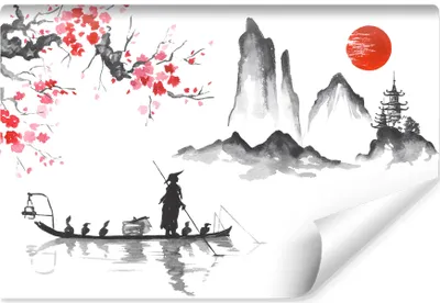 Produktbild von Vlies Fototapete LANDSCHAFT Berge Blumen Japan Malerei für Wohnzimmer Br. 368 cm x Hö. 254 cm
