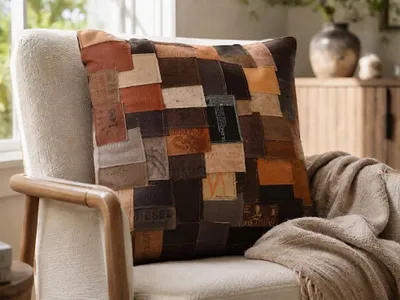 Produktbild von Patchwork Kissen aus Leder für Sofa/Stuhl/Couch – 40 × 40 cm – Jeansleder-Patches – Handgefertigtes Dekokissen im Vintage-Design
