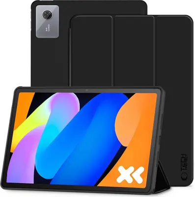 A black tablet case is shown with a tablet inside, displaying a colorful abstract wallpaper. The case is folded to act as a stand.