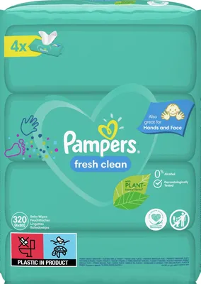 A package of Pampers Fresh Clean baby wipes.