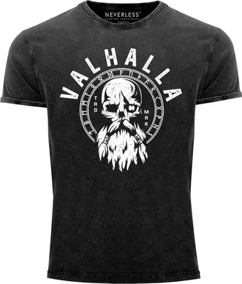 Produktbild von Herren Vintage Shirt Valhalla Totenkopf Odin Runen Wikinger Printshirt T-Shirt Aufdruck Used Look Neverless® schwarz XL