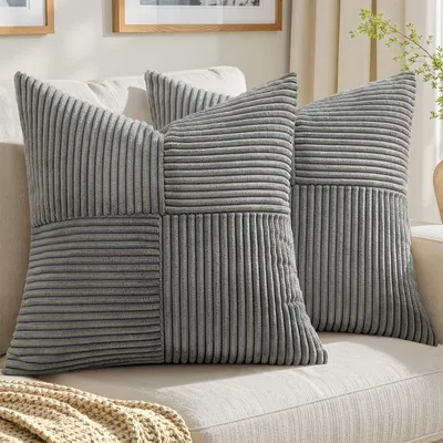 Image de Housse de coussin 40 x 40 cm, velours côtelé gris foncé, coussin décoratif, coussin de canapé, coussin décoratif en patchwork de velours côtelé pour le canapé et la maison