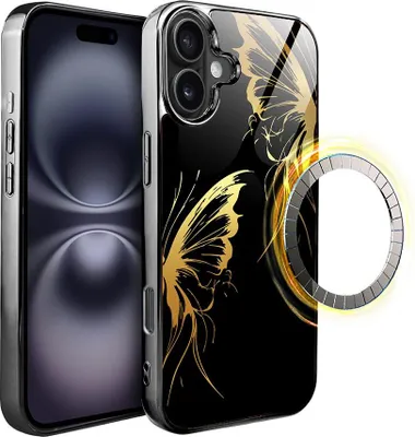 Produktbild von iPhone 16 IBIZU Elite Glass Case mit MagSafe, Glasrückseite, Golden Midnight, Butterfly Wings, Schwarz