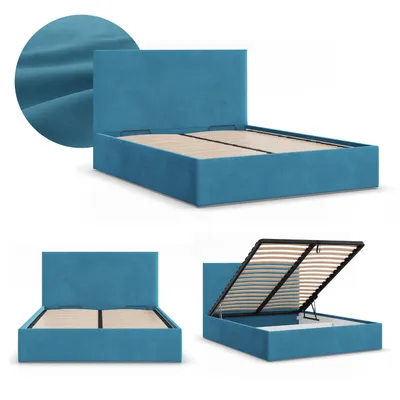 Produktbild von Polsterbett PAOLA 140x200 mit Bettkasten und hochklappbarem Metall-Lattenrost, Doppelbett mit Kopfteil Blau Samt