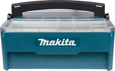 Produktbild von Makita MAKPAC Werkzeugkiste P-84137, Kunststoff, 395 mm (L) x 295 mm (B) x 233 mm (H), stapelbar, mit Tragegriff, staub- & spritzwassergeschützt, transparenter Deckel, zweifach aufklappbar, für Werkzeug & Zubehör, mit fünf Einsätzen, 2,564 kg