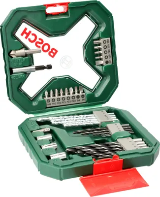 A Bosch bit set is displayed in its open green case, with various drill bits and screwdriver bits neatly organized within.