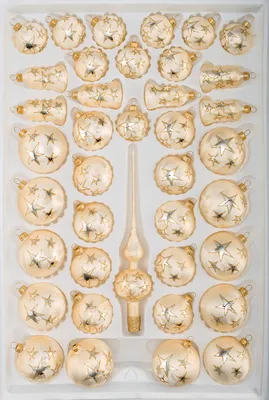 Produktbild von 39 tlg. Glas-Weihnachtskugeln Set in Ice Champanger Gold Goldener Stern