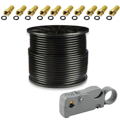 Produktbild von PremiumX 100m PROFI Koaxialkabel Schwarz CU 135dB 10x F-Stecker Abisolierer