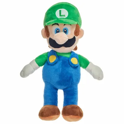 A plush toy of the character Luigi from the Super Mario Bros. franchise, standing against a white background.