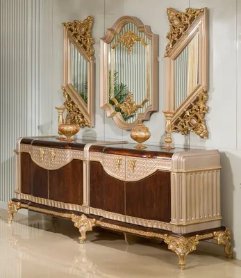Produktbild von Casa Padrino Luxus Barock Sideboard und 3 Wandspiegel Dunkelbraun / Grau / Gold - Barock Möbel