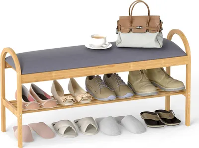 Zdjęcie produktu dla COSTWAY Ławka na buty z siedziskiem, ławka bambusowa, ławka do przedpokoju z półką na buty i miejscem do przechowywania, jako organizer na buty i ławka do łóżka, do 150 kg, 101x31x51 cm, szara