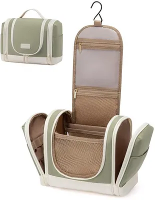 Immagine prodotto di Grandi beauty da viaggio, beauty da viaggio da appendere per donna, valigette per cosmetici, set composto da dieci scomparti in plastica in una vivace combinazione di verde e beige.