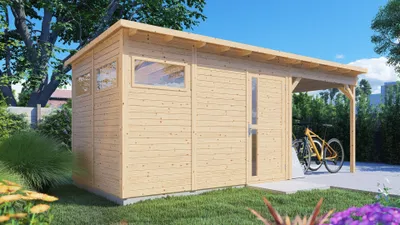 Produktbild von Gartenhaus Bertilo Man Cave Pentus 3L inkl. Fußboden und Schleppdach 581 x 265 cm natur