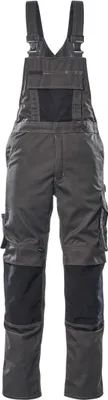 A pair of dark gray and black overalls shown front-on against a white background.
