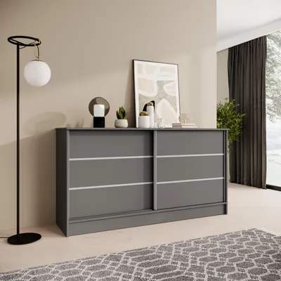 Obrázek produktu pro BEAUTYSOFA | Komoda MIRELA 160 cm, grafitová, příborník se 2 posuvnými dvířky, moderní design, spousta úložného prostoru