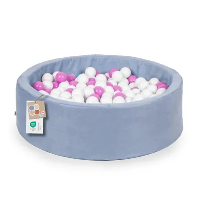 Produktbild von Bällebad Kinder ?100cm – Bällepool Baby Rund mit 200 Bällen – Spielpool für Kleinkinder – Indoor Spielspaß (Blau Samt, Rosa/Weiß)