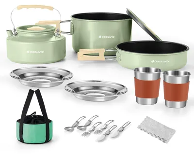 Image de Batterie de cuisine pour camping, ensemble de 15 pièces comprenant une poêle antiadhésive et une bouilloire