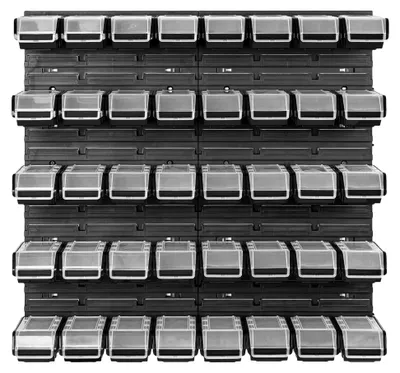 Produktbild von Stapelbox Wandregal - 772 x 780 mm - Lagersystem mit 40 Boxen und Deckel - Lagerregal Sichtlagerkästen Schüttenregal, Schwarz