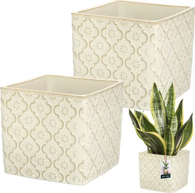 Produktbild von KOTARBAU® Keramik Blumentopf quadratisch Vintage Creme 13x13cm H: 13cm glasierte Keramik 2 St. Blumentopf viereckig Pflanzkübel quadratisch Blumentopf drinnen Blumentopf Pflanzgefäß Blumentöpfe Kerami