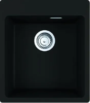 A top-down view of a black kitchen sink with a silver drain.