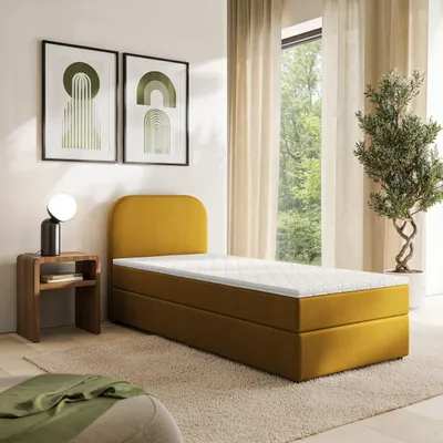 Produktbild von Masseno Boxspringbett CERIA 100x200 cm Komplett-Set mit Bonell Matratze und Topper, Polsterbett mit Bettkästen -Gelb, KRONOS 01