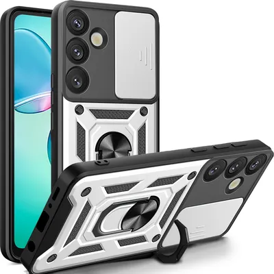 Two phone cases are shown, one standing upright and the other lying on its side, with a phone screen visible in the background.