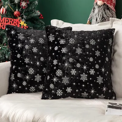 Produktbild von 2er Set Kissenbezüge 40x40 cm Schwarz Kunstfell Schneeflockenmuster